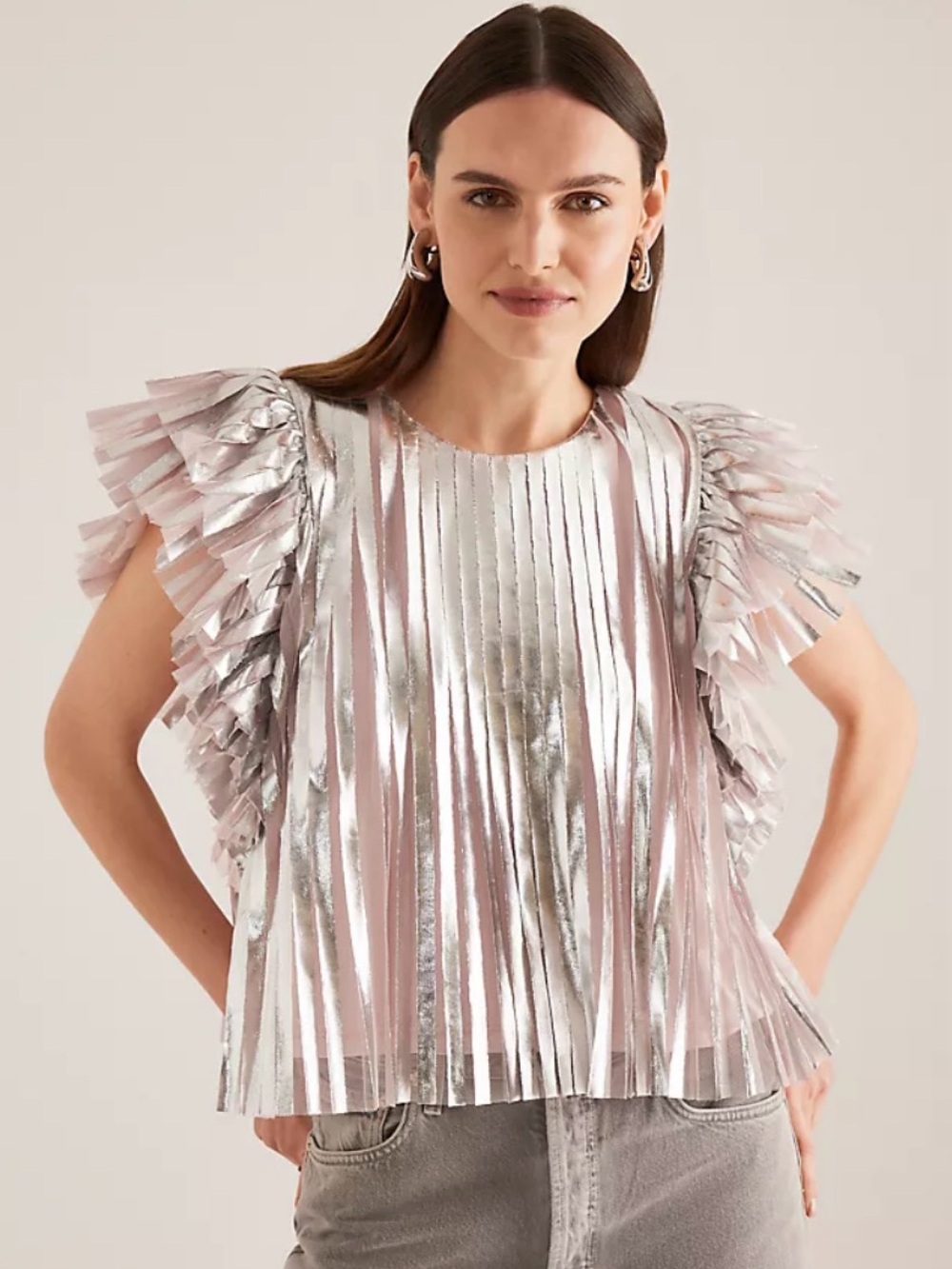 Anthropologie Soft Pink Metallic Multi Pleated/Ruffle Sleeve Top